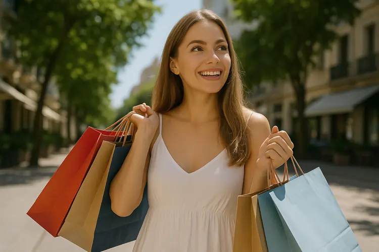 Una cliente ideale, sorridente mentre fa shopping in una bella giornata di sole | QuBox