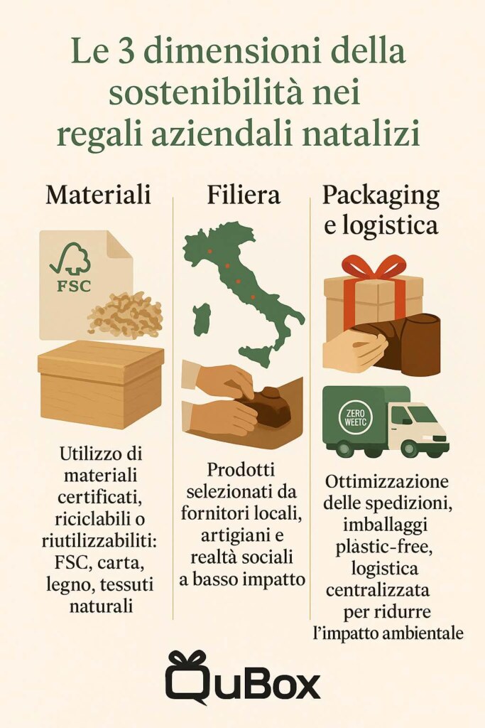 Infografica con le tre dimensioni della sostenibilità nei regali aziendali natalizi: materiali ecologici, filiera etica e logistica a basso impatto