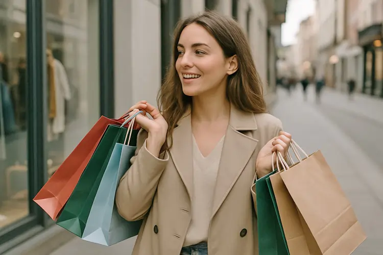 Cliente donna passeggia per le vie dello shopping dopo aver fatto acquisti | QuBox