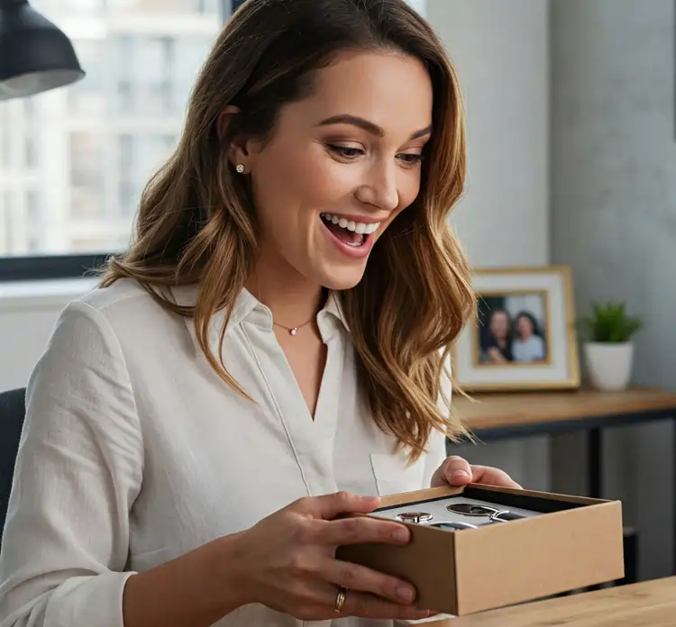 Apertura di un regalo aziendale personalizzato e reazione di gioia del cliente | QuBox