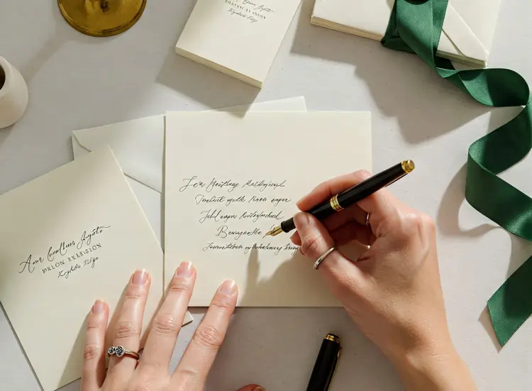 Scrittura mano, con penna stilografica, di un messaggio personalizzato per un dono aziendale | QuBox
