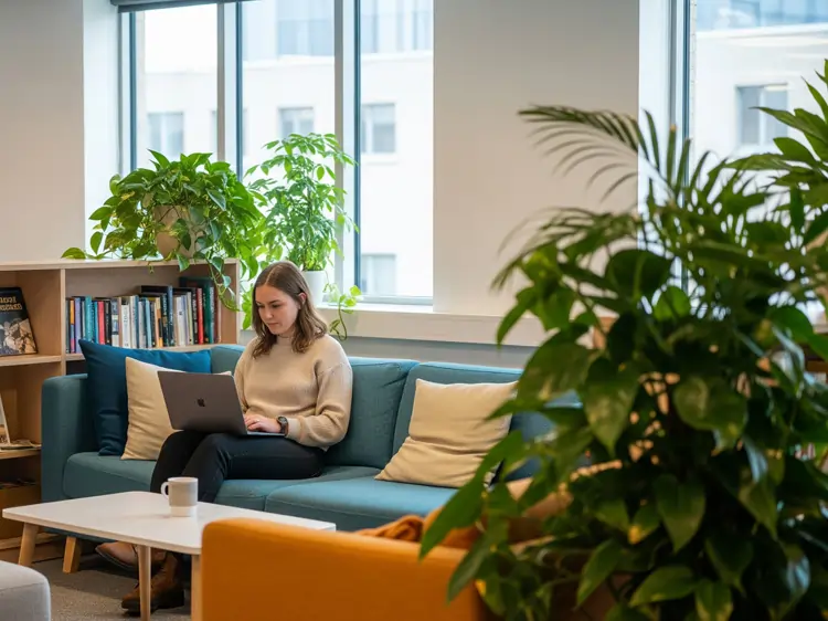 Donna seduta nell'area relax in un a piccola e media impresa italiana, come parte dell'employee experience | QuBox
