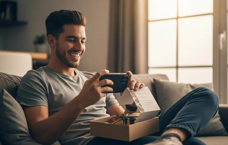 Cliente fotografa il contenuto del regalo aziendale personalizzato appena ricevuto per condividerlo sui social | QuBox