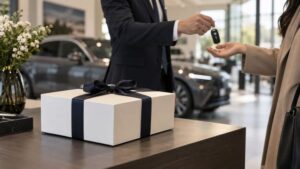 Consegna chiavi auto e regalo al cliente della concessionaria