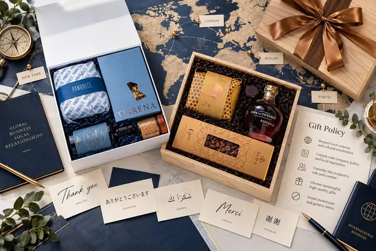 Gift box aziendali premium su mappa del mondo con biglietti in diverse lingue per rappresentare il galateo internazionale dei regali d’affari